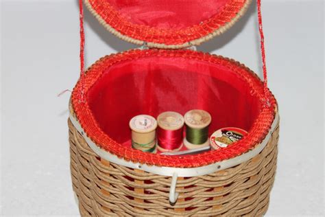 Vintage S Round Red Satin Lined Jute Woven Sewing Basket With Notions