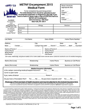 Fillable Online Metnyusy METNY Encampment 2015 Medical Form METNY