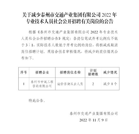 关于减少泰州市交通产业集团有限公司2022年专业技术人员社会公开招聘有关岗位的公告