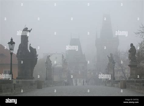 Morning Fog Over The Charles Bridge In Prague Czech Republic Mala