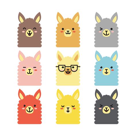 Set Of Various Llama Facial Expression Avatars Adorable Cute Baby