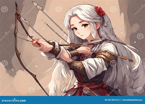 Anime Archer Girl Medieval Themed Bow And Arrow Warrior Woman Stock