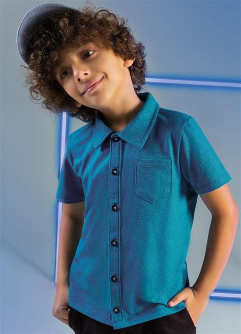 Camisa Manga Curta Em Malha Jacquard Azul Cativa