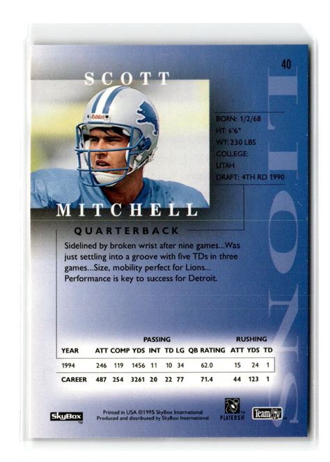 1995 Skybox Premium 40 Scott Mitchell Detroit Lions Ebay