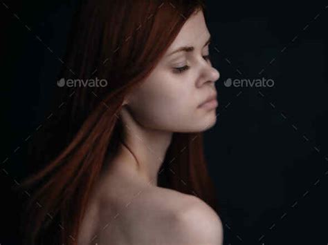 Red Haired Woman Naked Shoulders Dark Background Glamor Stock Photo By