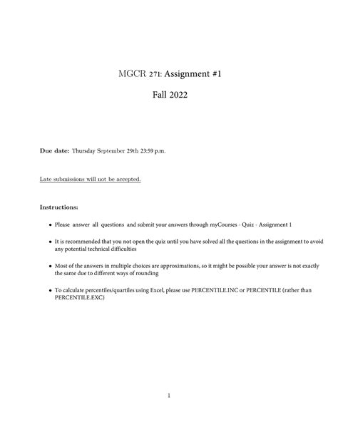 Assignment 1 Copy MGCR 271 Assignment Fall 2022 Due Date Thursday