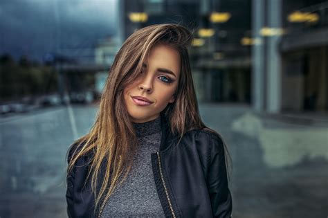 Blue Eyes Brunette Depth Of Field Girl Leather Jacket Long Hair Model