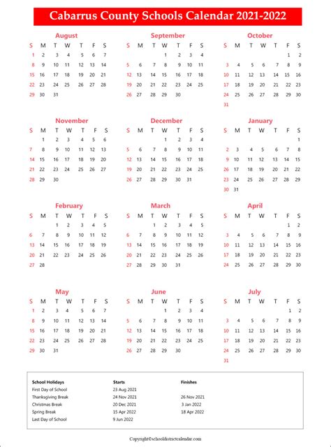 school calendar for Cabarrus County Schools District Archives - School ...