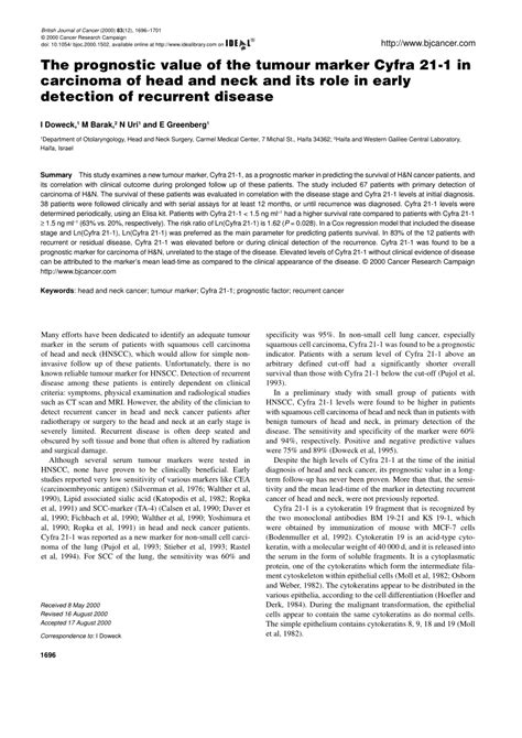 PDF The Prognostic Value Of The Tumour Marker Cyfra 21 1 In Carcinoma