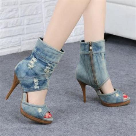 Blue Ripped Denim Jeans Ankle Peep Toe Sandals Stiletto High Heels ...