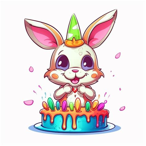 Premium Ai Image Cartoon Bunny With Birthday Cake And Party Hat