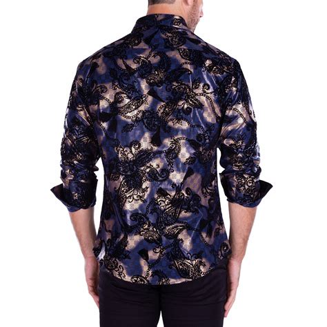 Velvet Paisley Metallic Geo Print Long Sleeve Button Up Shirt Navy