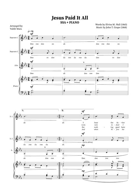 Jesus Paid It All SSA Trio Or Choir Piano Accompaniment Arr