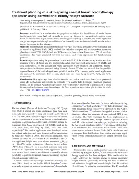 (PDF) Treatment planning of a skin-sparing conical breast brachytherapy applicator using ...