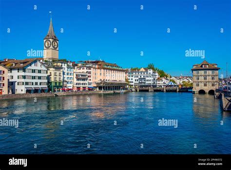 View Of A Quay Of River Limmat In The Swiss City Zuerich With