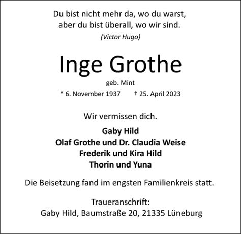 Traueranzeigen Von Inge Grothe HamburgerTRAUER De