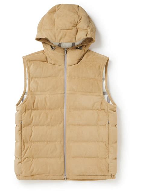 Brunello Cucinelli Quilted Suede Hooded Down Gilet Neutrals