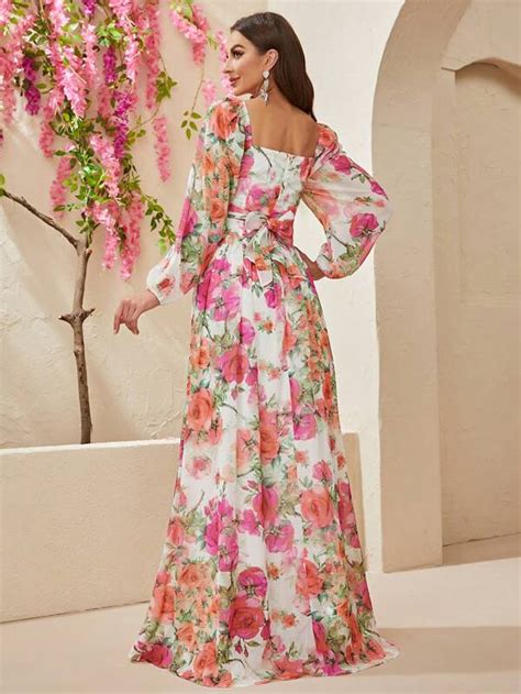 Giffniseti Floral Print Sweetheart Neck Lantern Sleeve Chiffon Dress