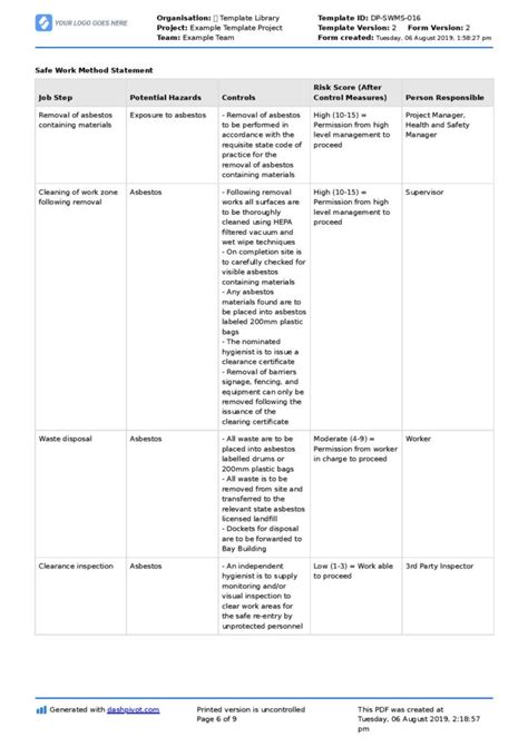 Asbestos Safe Work Method Statement For Asbestos Removal Etc