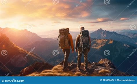 Two Mountaineers Standing On A Mountain With Large Backpacks In Full