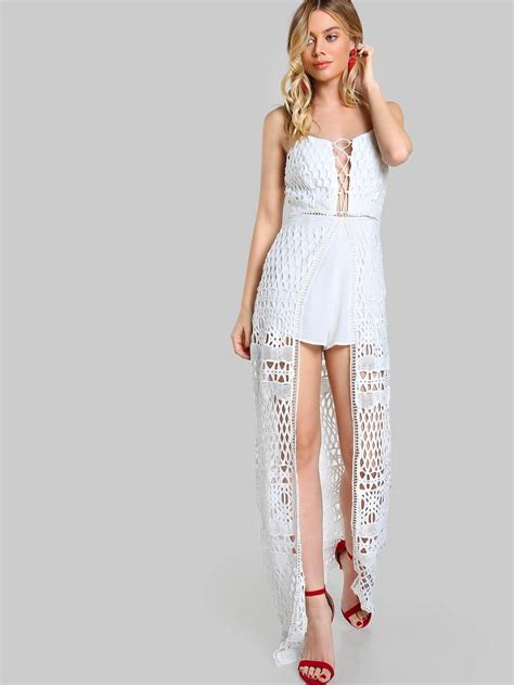 Lace Up Overlay Romper White Sheinsheinside