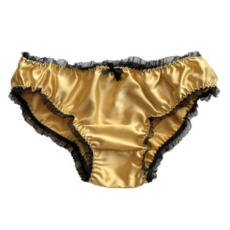 Gold Satin Frilly Sissy Panties Bikini Knicker Underwear Briefs Size 6