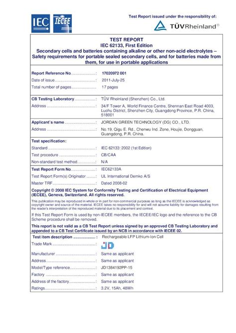 Pdf Test Report Iec First Edition Secondary Cells And