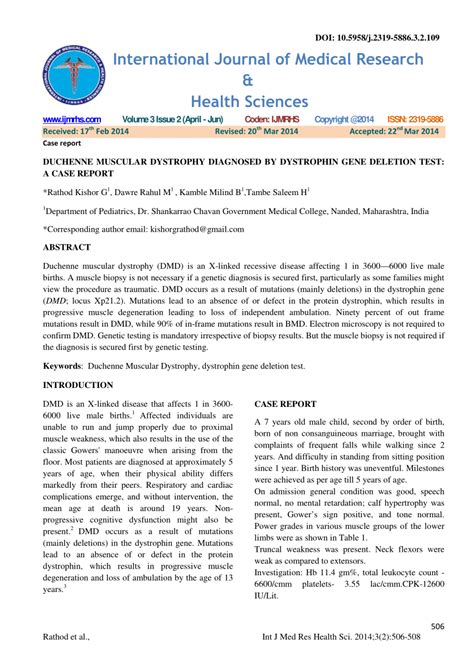 (PDF) Duchenne muscular dystrophy diagnosed by dystrophin gene deletion test: A case report