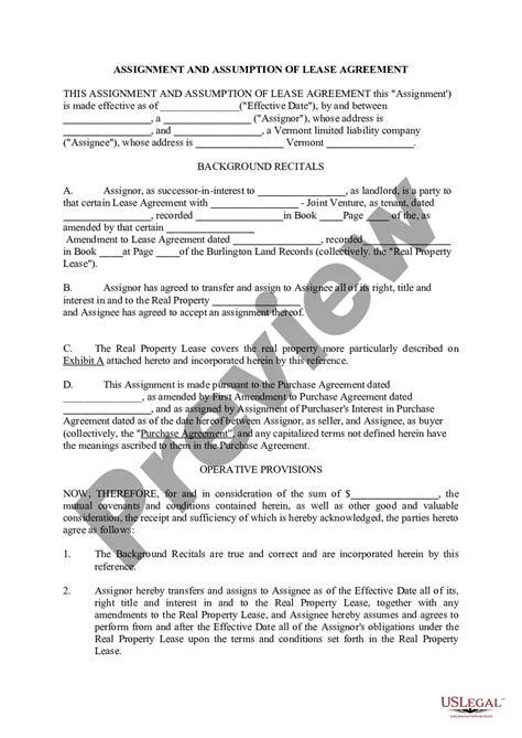 Vermont Assignment And Assumption Of Lease Agreement US Legal Forms