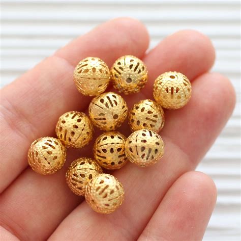 10pc Round Filigree Gold Metal Beads Filigree Gold Beads Textured Beads Necklace Beads Matte