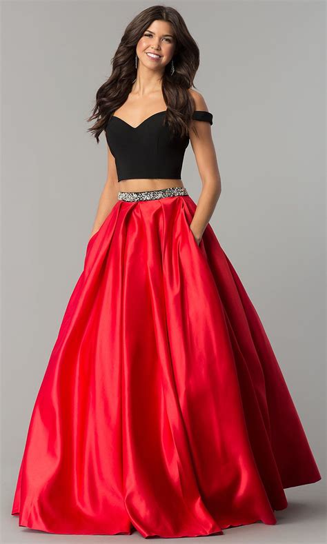 Off The Shoulder Long Two Piece Prom Dress With Red Skirt Prom