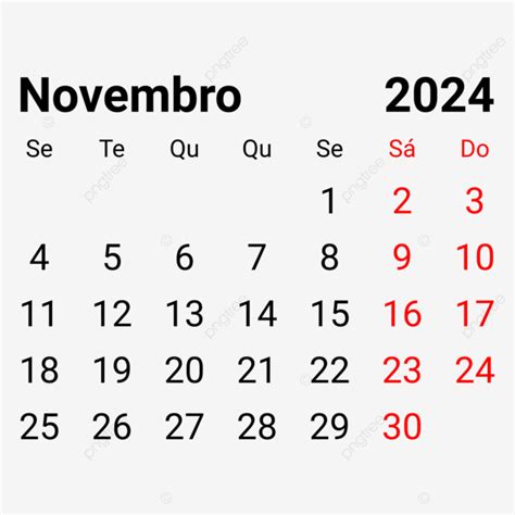 Calendário Mensal Português De Novembro De 2024 Vetor PNG Calendário