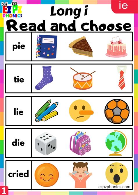 Ie Words Read And Choose Long I Phonics Worksheet