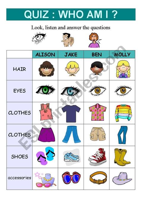 QUIZ : WHO AM I ? (Physical description) - ESL worksheet by zeline