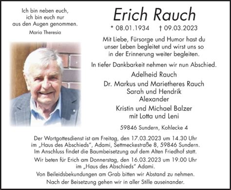 Traueranzeigen Von Erich Rauch Trauer In Nrw De