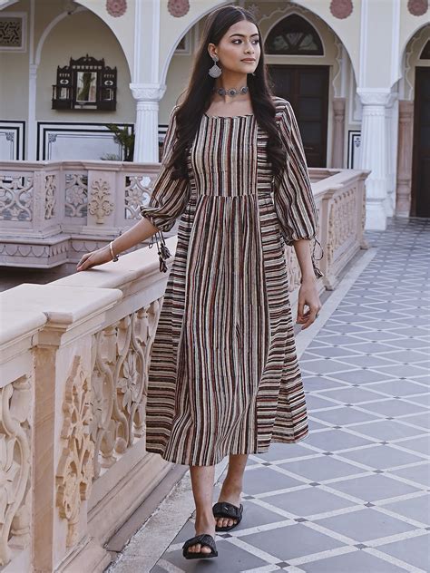 Buy Savi Rust Striped Puff Sleeves Pure Cotton A Line Midi Dress