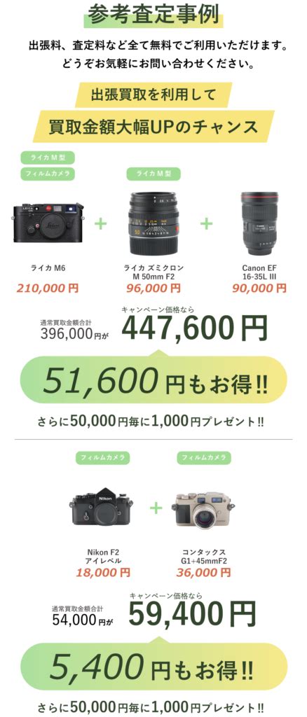 【出張買取限定】買取金額5万円毎に1000円プレゼントキャンペーン ｜ Atcamera