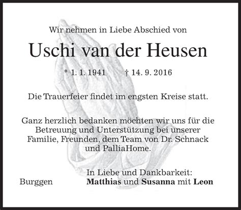 Traueranzeigen Von Uschi Van Der Heusen Trauer Merkur De