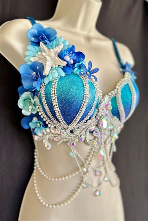 Blue Aqua Glitter Mermaid Bra Blue Aqua With Iridescent Accents Glitter Shells Silver Chain