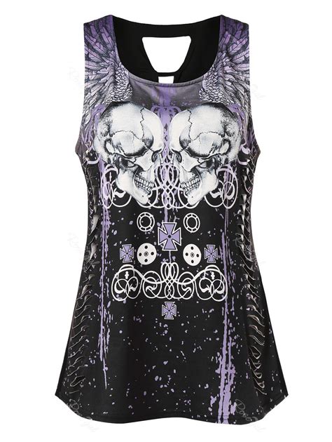 [30 Off] Plus Size Skull Print Ripped Tank Top Rosegal