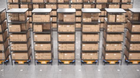 Row Of Autonomous Robots Move Shelves Or Racks With Cardboard Boxes In