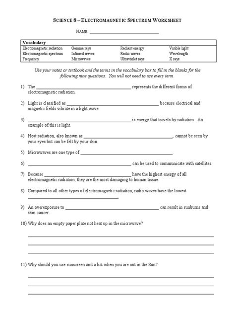 Electromagnetic Spectrum Worksheet | PDF | Electromagnetic Radiation ...