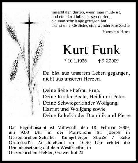 Traueranzeigen Von Kurt Funk Trauer In Nrw De