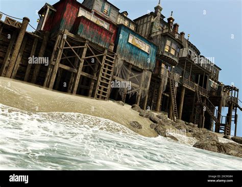 3d Rendering Of An Old Pirate Village At The Seaside Stock Photo Alamy