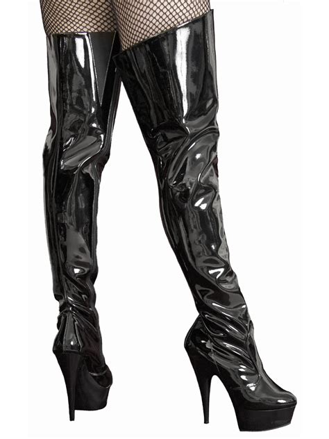 Pleaser Thigh Boots Black Patent High Heel Uk 6 Tout Ensemble