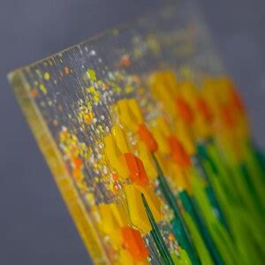 Daffodil Flower Fused Glass Sun Catcher Panel With Cherry Wood Stand