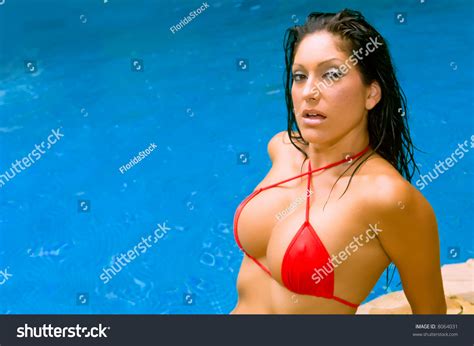 Brunette Model Red Bikini Sitting Next Stock Photo 8064031 Shutterstock