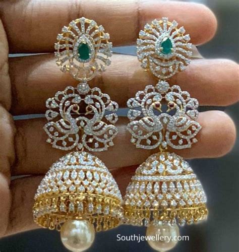 Diamond Emerald Peacock Long Jhumkas Indian Jewellery Designs