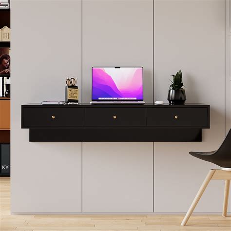 Modern Black Floating Desk with Drawers Wall Mounted Desk in Pine Wood ...