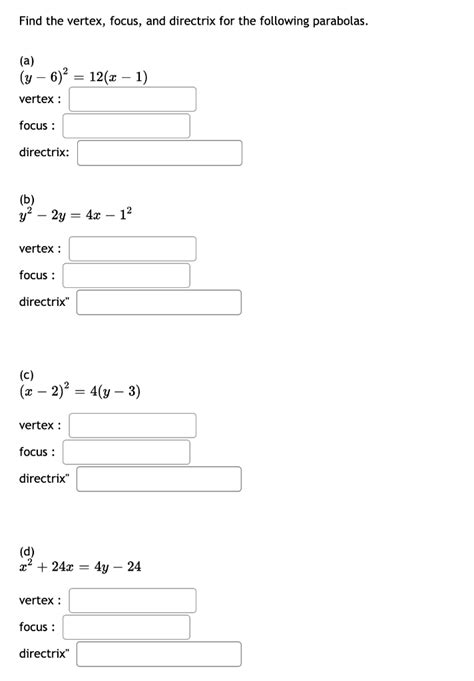 Solved Find The Vertex Focus And Directrix For The Chegg